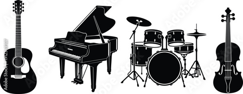 Musical instruments silhouette collection including acoustic guitar, grand piano, drum set and violin, classic music equipment icons, black vector illustration isolated on white background