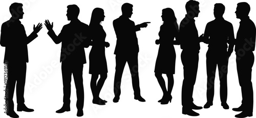Business people silhouette group having discussion and debate, professional teamwork communication concept, corporate meeting scene, black vector illustration isolated on white background
