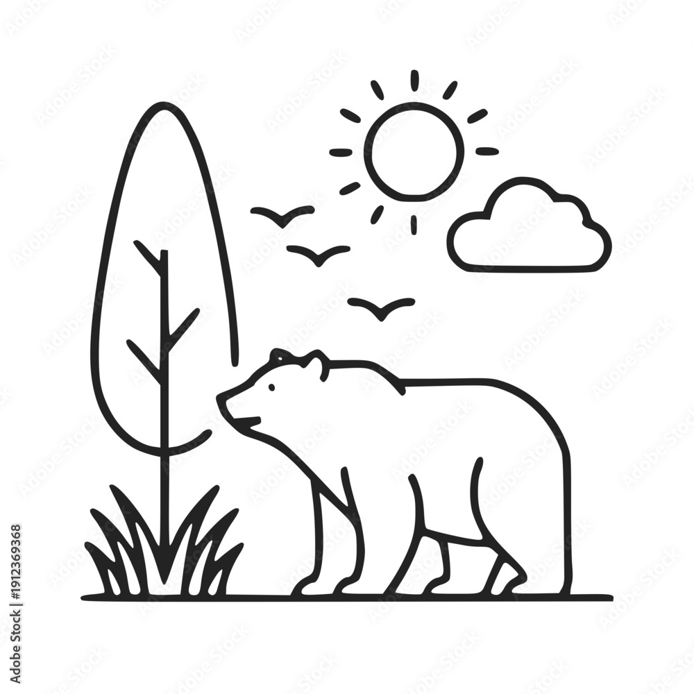 Fototapeta premium Wild bear in forest landscape outline line art icon design