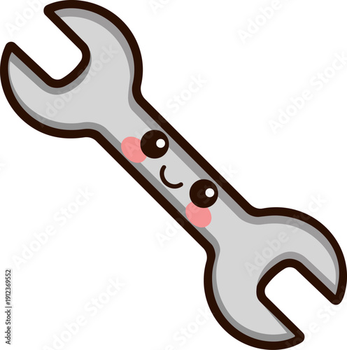 A kawaii style cartoon illustration of a smiling wrench with cute eyes, isolated on a white background. The wrench is silver with a simple design and a playful expression.
