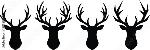 Deer head silhouette vector set featuring stag antlers in different styles, wildlife hunting emblem collection, black animal icons isolated on white background