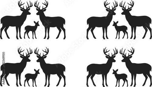 Deer family silhouette vector set featuring stag doe and fawn together, wildlife animal group illustrations, black forest mammal collection isolated on white background