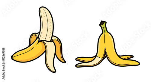 Whimsical banana duo illustration featuring a peeled fruit and its discarded skin
