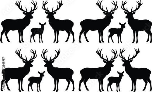 Deer family silhouette vector set showing stag doe and fawn in multiple poses, wildlife animal collection, black forest mammal illustrations isolated on white background