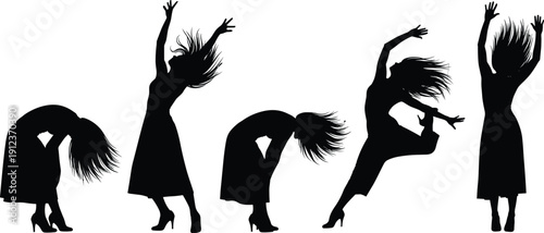 Dancing woman silhouettes set showing expressive hair movement and dynamic poses, isolated on white background for performance, freedom, music, motion, energy, creative illustration concept.