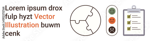 Feedback assessment, decision-making, teamwork coordination, task management, evaluation process, quality control. Circular puzzle, emotion icons checklist clipboard. Feedback assessment