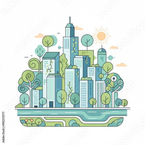 A vibrant cityscape illustration with lush greenery and modern architecture