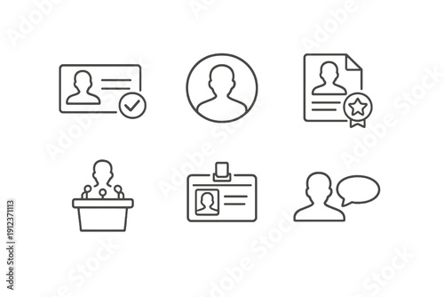 Candidate profile line icon set with clean editable stroke. Election, nominee and public representative symbols for voting platforms and civic dashboards.