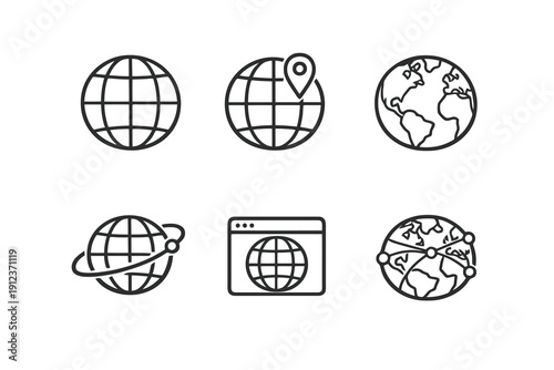Globe line icon set with clean editable stroke. Planet Earth, global connection and international web symbols for travel apps and digital platforms.
