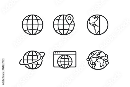 Outline globe icons for world map, global business and internet concepts. Editable stroke vector set optimized for UI, dashboards and websites.