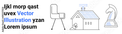 Renewable energy, workplace design, strategic planning, clean energy solutions, solar panel systems, office furniture. Line art of a solar-powered house, chair and chess knight. Renewable energy
