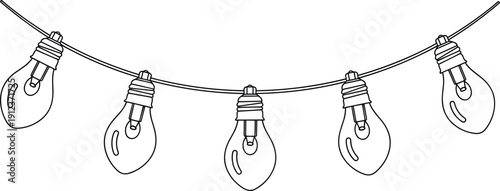 A simple black and white line art illustration of a decorative string of five hanging light bulbs on a wire isolated on white.