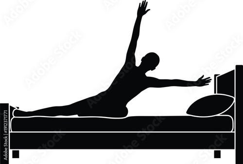 A black silhouette of a person waking up and stretching their arms while sitting on a bed with a pillow on a white background.