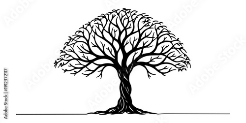 Continuous one line of a mystical tree from ancient legends, drawn illustration.