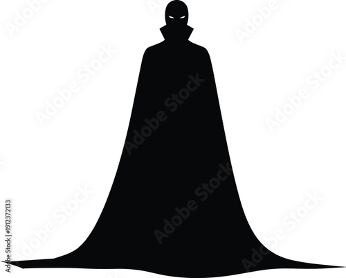 Mysterious Black Silhouette of a Masked Villain or Superhero Wearing a Long Flowing Cape with Dramatic High Collar Isolated on a White Background