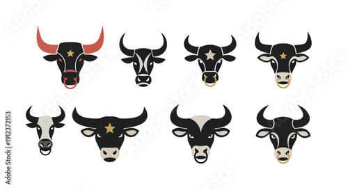 A diverse collection of stylized bull head illustrations with varied horn shapes and markings