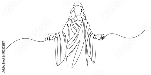Continuous one line of an oracle with open hand and flowing robes, drawn illustration.