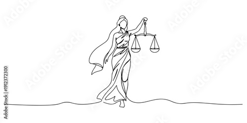 Continuous one line of a goddess figure holding a balance, drawn illustration.