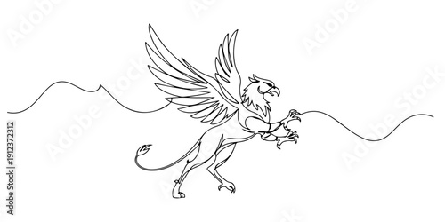 Continuous one line of a griffin with wings spread wide, drawn illustration.