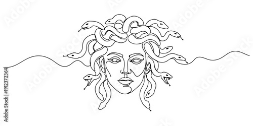 Continuous one line of Medusa's head with flowing serpent hair, drawn illustration.