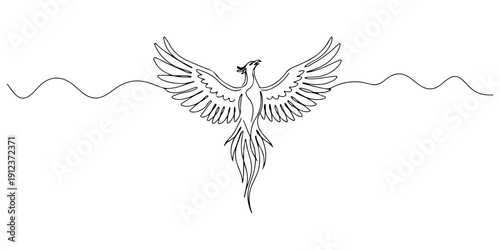 Continuous one line of a phoenix rising with spread wings, drawn illustration.