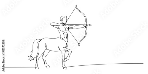 Continuous one line of a centaur drawing a bow, drawn illustration.