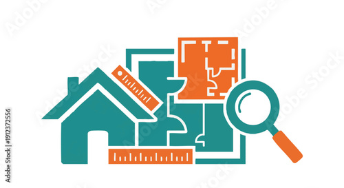 Real Estate Inspection and Architecture Planning Icon. House Design Search, Property Evaluation, and Home Measurement Vector Illustration.