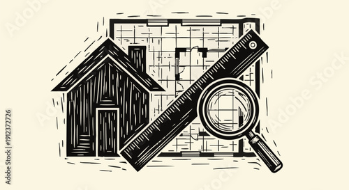 Home Inspection, Property Appraisal, and Architectural Blueprint Research. Detailed Linocut Style Illustration.