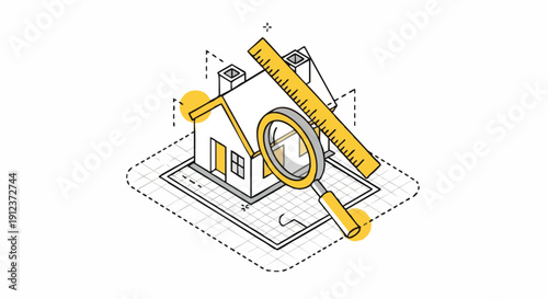 Real Estate Appraisal and Inspection Concept. Isometric house on blueprint with magnifying glass and ruler. Home valuation, property planning, and architecture design illustration.