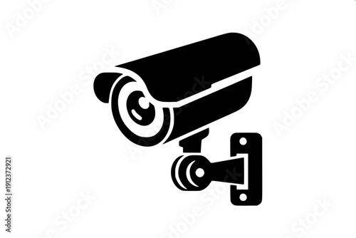 Surveillance camera wall-mounted icon, monochrome black flat illustration, modern security device symbol, clean high contrast vector style.