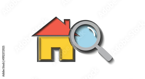 Real Estate Search Icon: Magnifying Glass Inspecting House Symbol, Property Investigation and Home Finding Concept Illustration.