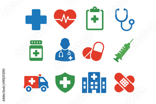 Diverse vector icon collection for essential medical and healthcare services, perfect for digital health platforms, emergency support, and professional graphic design projects