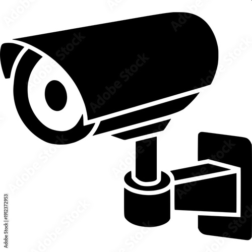 Surveillance camera wall-mounted icon, monochrome black flat illustration, modern security device symbol, clean high contrast vector style.