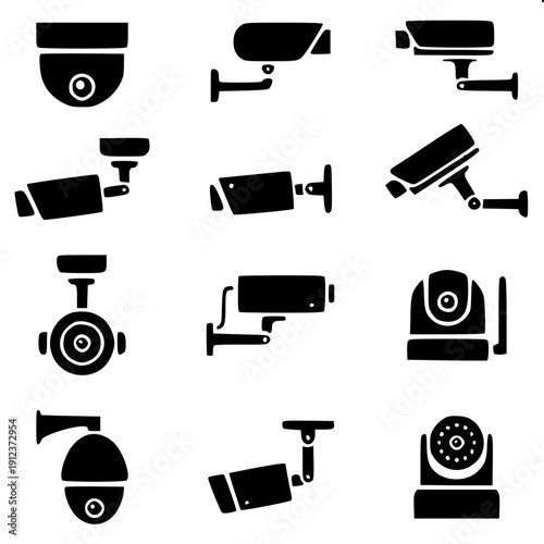 Surveillance camera wall-mounted icon, monochrome black flat illustration, modern security device symbol, clean high contrast vector style.