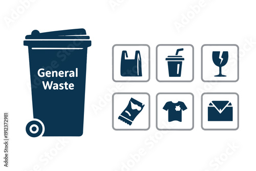 General Waste bin and recycling icons with examples of household refuse and trash