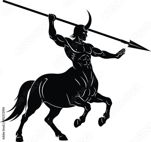 Powerful mythological centaur silhouette with a single horn holding a long spear in a dynamic charging pose for fantasy legend and ancient Greek mythology concepts.