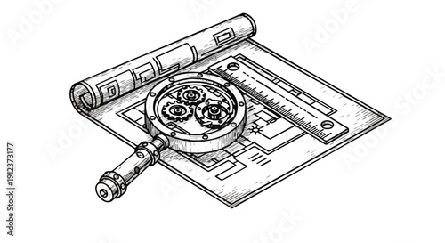 Technical Blueprint Analysis Isometric Engraving. Magnifying glass with internal gears examining architectural plan, detailed system design illustration.