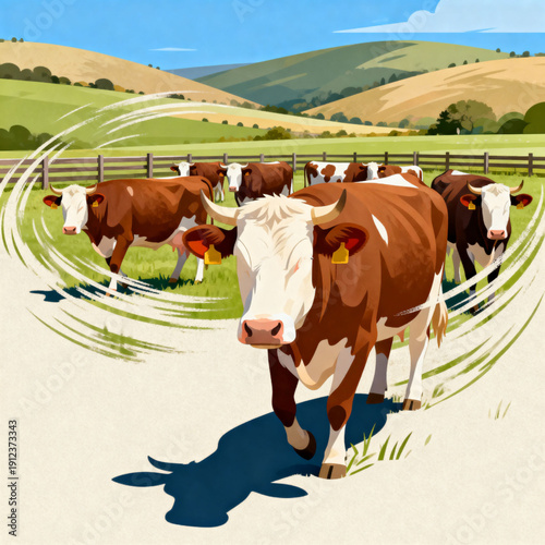 Illustrated image features a brown and white adult cow standing beside a similarly patterned calf on green grass, with stylized trees and a pale blue sky filling the background.