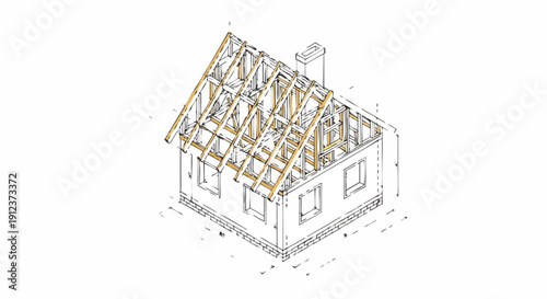 Isometric Architectural Drawing of House Construction: Exposed Wooden Roof Truss Framing Structure with Dimensions