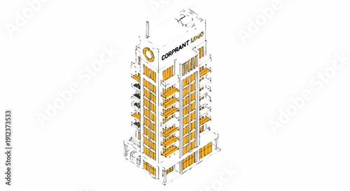 Isometric High-Rise Building Vector Icon. Modern Skyscraper Illustration with Orange Accents, Ideal for Real Estate and City Planning Graphics.