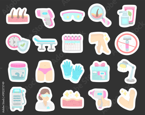 Laser epilation set in scandinavian style showing hair removal procedures clinic equipment skincare safety tools calendar sessions treatment body care