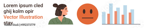 Emotion analysis, behavioral insights, data trends, communication, mood tracking, analytics. Woman facing a neutral emotion and bar chart. Emotion analysis and behavioral insights concept