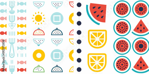 Colorful summer pattern featuring fruits cutlery and sun icons