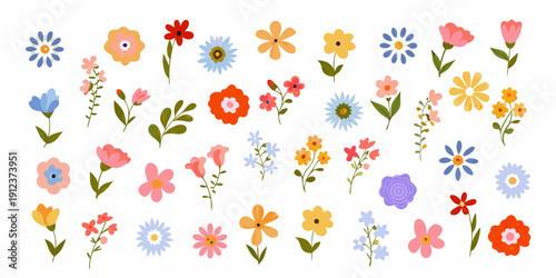 A colorful collection of whimsical illustrated wildflowers and blooming petals