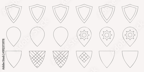 Collection of shield and teardrop shaped icons in grayscale outline