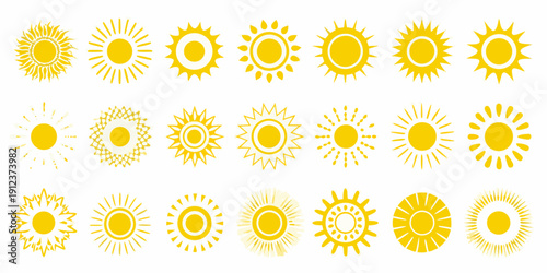 Collection of diverse yellow sun icons with varying ray styles