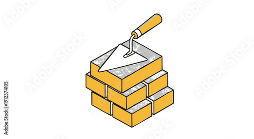 Construction and Masonry Concept: Isometric Brick Wall Stack with Trowel Icon Illustration