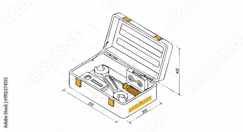 Isometric Technical Drawing of Open Toolbox. Detailed Blueprint Style Illustration of Hand Tools (Wrench, Screwdriver) and Dimensions for Maintenance and Repair.