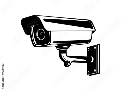 Security CCTV camera vector symbol, simple geometric shape, black silhouette with lens circle detail, minimal UI icon on white background.