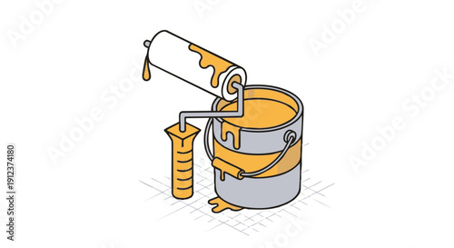 Isometric Paint Roller Dipping into Can. Vector Icon for Home Renovation, Decorating, and DIY Projects.